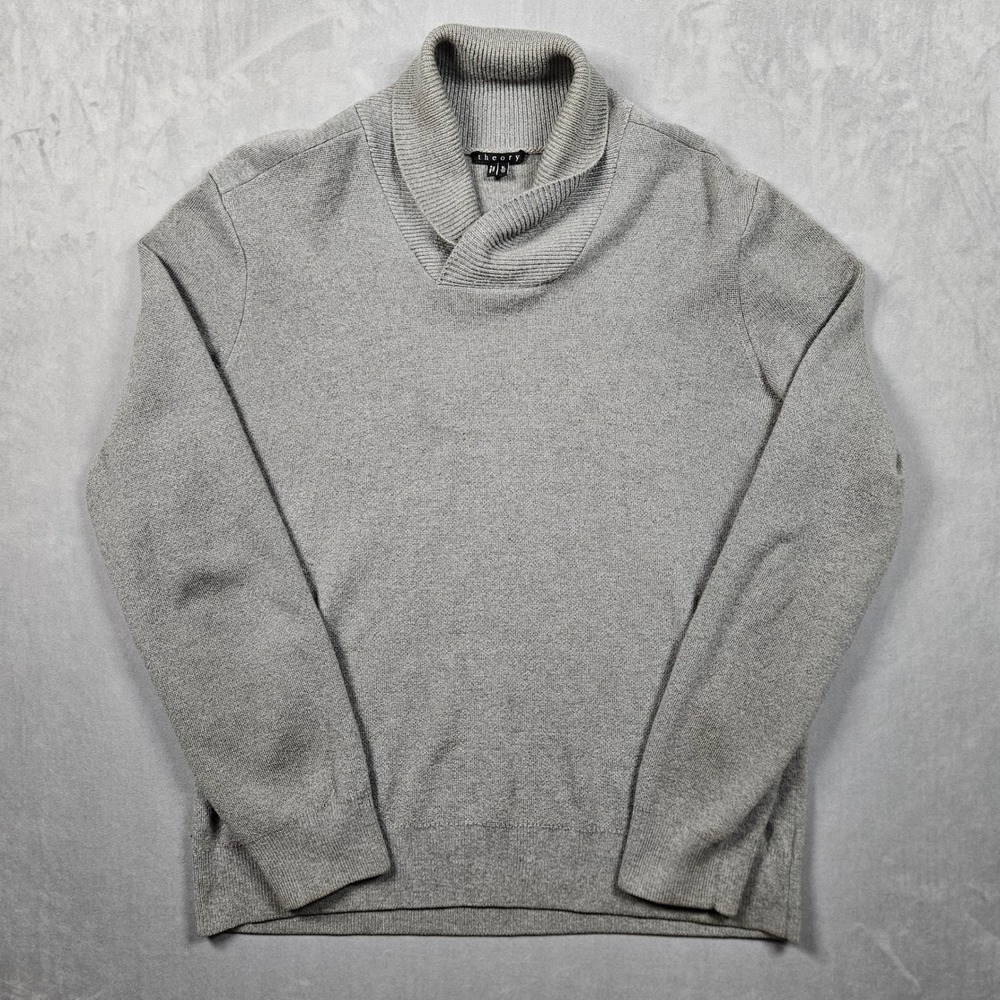 Theory Shawl Collar Sweater Mens XL Gray 100% Merino Wool Knit Pullover - Picture 1 of 10